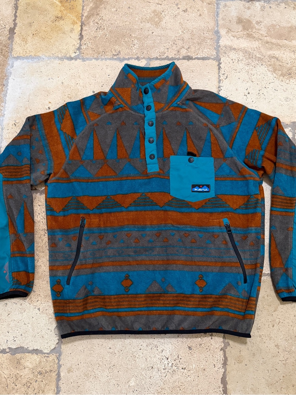 KAVU Fleece Jacket Mens Medium Blue Pullover Long Sleeve Geometric Pocket Logo